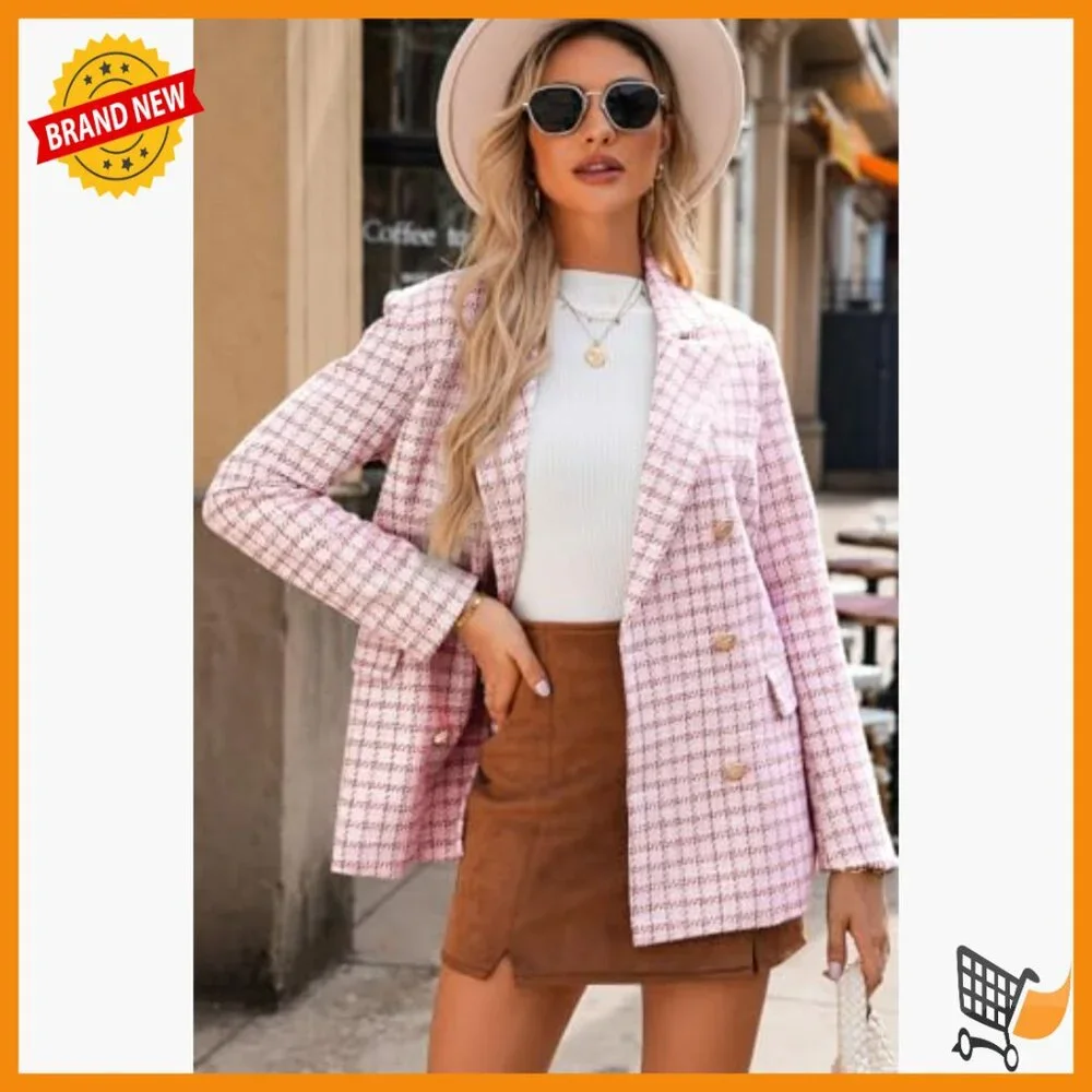 Plaid Tweed Blazer Double Breasted Long Sleeve Open Front Work Casual - Picture 5 of 7